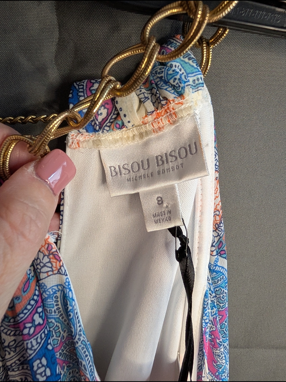 Bisou Bisou Cream Paisley Asymmetrical Halter Dress with Blue & Peach Accents - Picture 5 of 10
